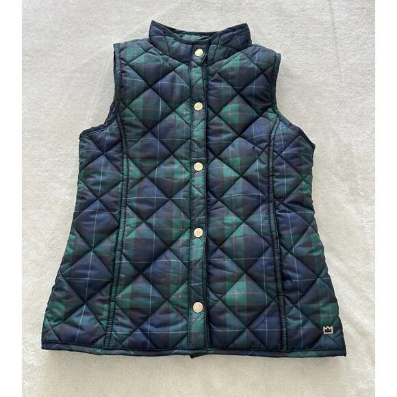 Crown & Ivy Girls Vest Medium 8-10 Puffer Tartan Plaid Navy Green Preppy Classic - Picture 2 of 10